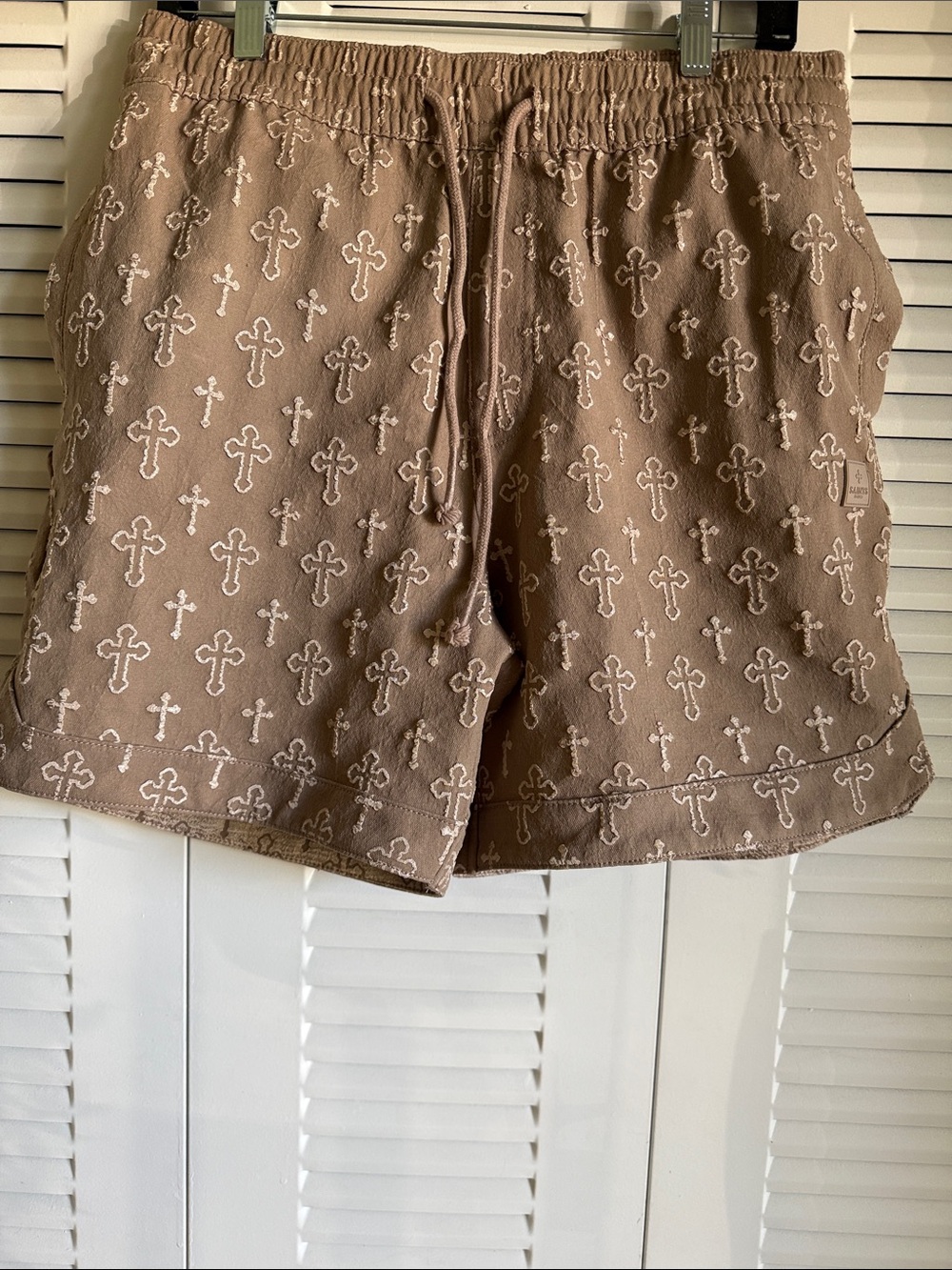Men's Cross Print Drawstring Shorts - Taupe